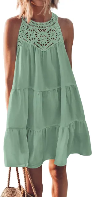 BTFBM Women Summer Halter Dresses Casual Spring 2025 Sleeveless A-Line Tiered Swing Mini Dress Beach Vacation Sundress