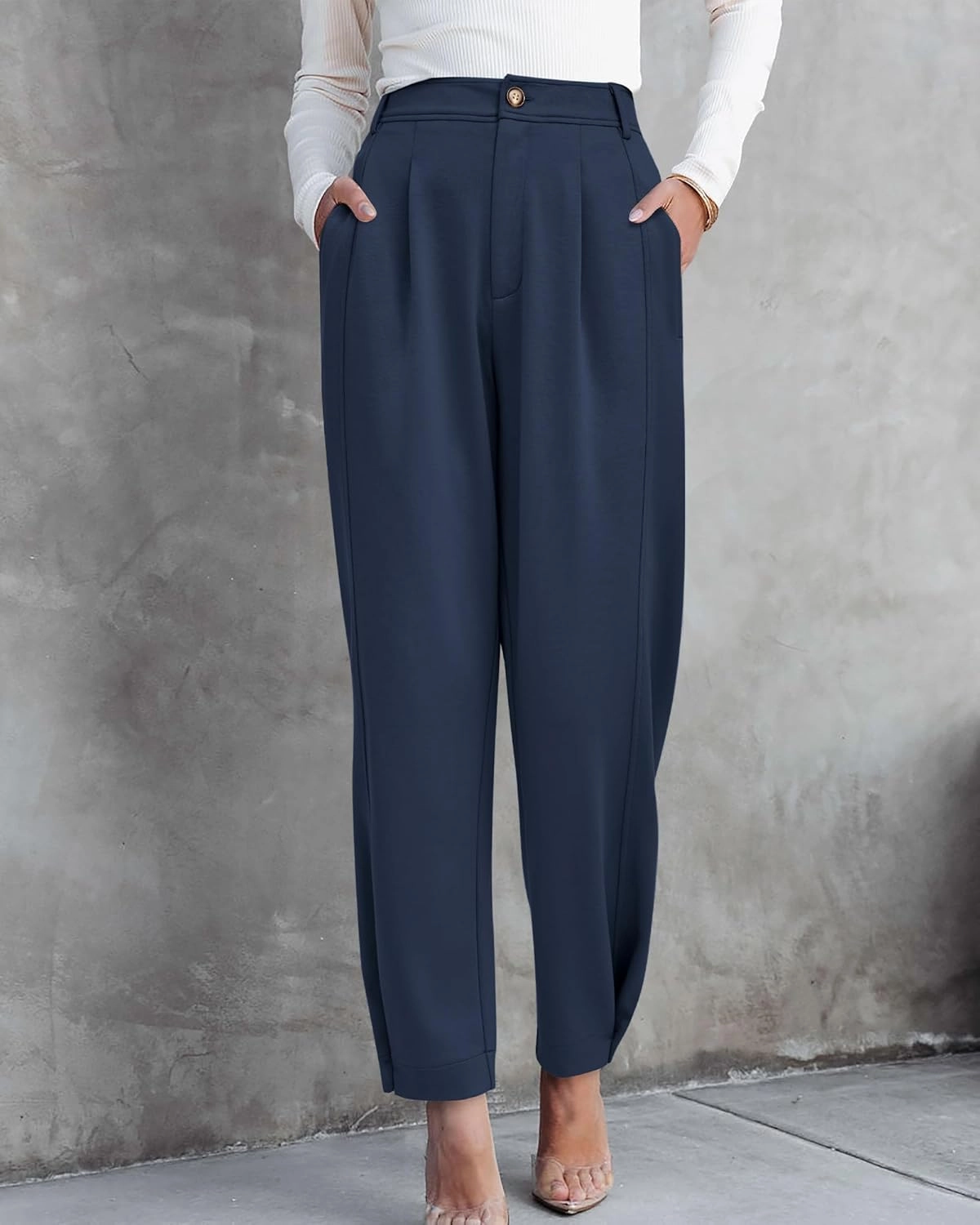 BTFBM Women's 2025 Casual Button Down Pants Elastic High Waist Business Work Trousers Long Straight Slacks with Pockets