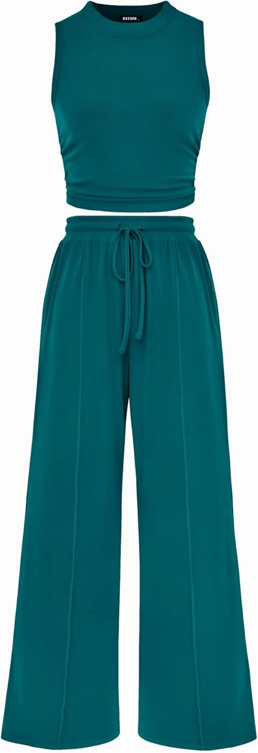 BTFBM Women Summer 2 Piece Outfits 2025 Beach Crew Neck Sleeveless Cropped Top Elastic Waist Wide Leg Pants Lounge Set