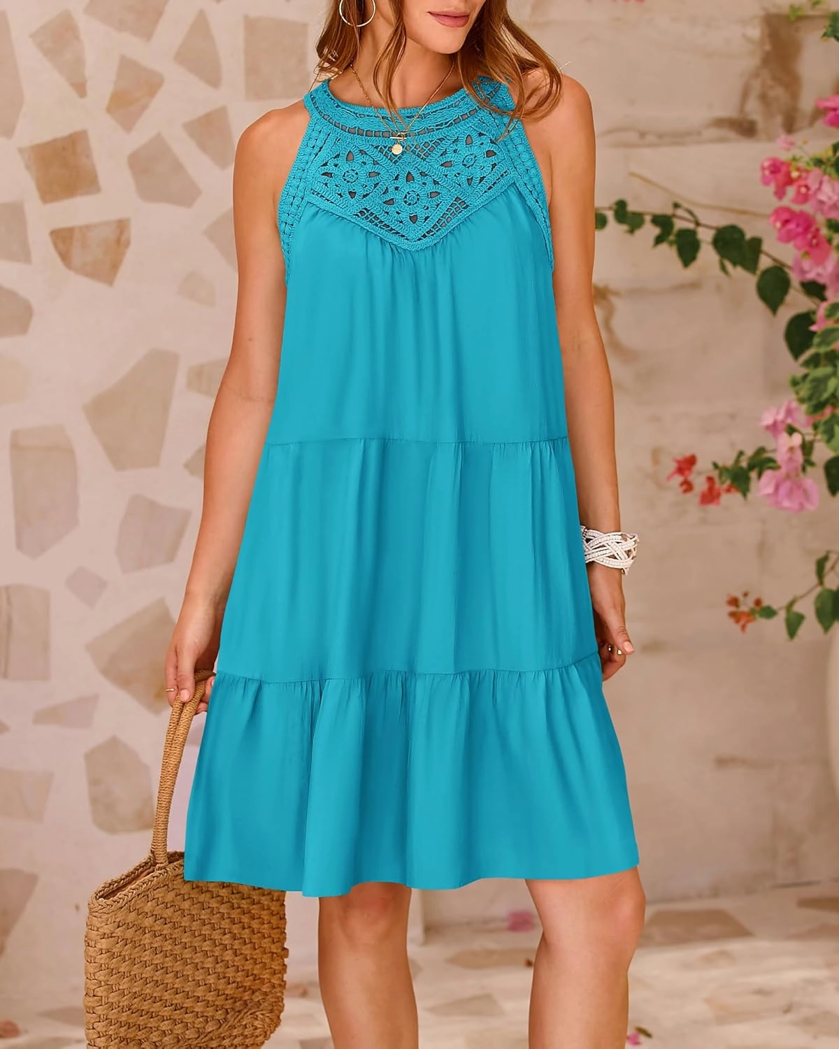 BTFBM Women Summer Halter Dresses Casual Spring 2025 Sleeveless A-Line Tiered Swing Mini Dress Beach Vacation Sundress