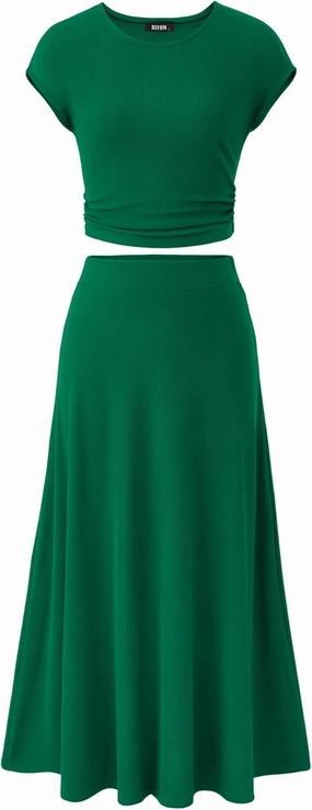 BTFBM Women Two Piece Skirt Set Summer 2025 Casual Vacation Crew Neck Short Sleeve Cropped Top Elastic Waist Midi Skirts