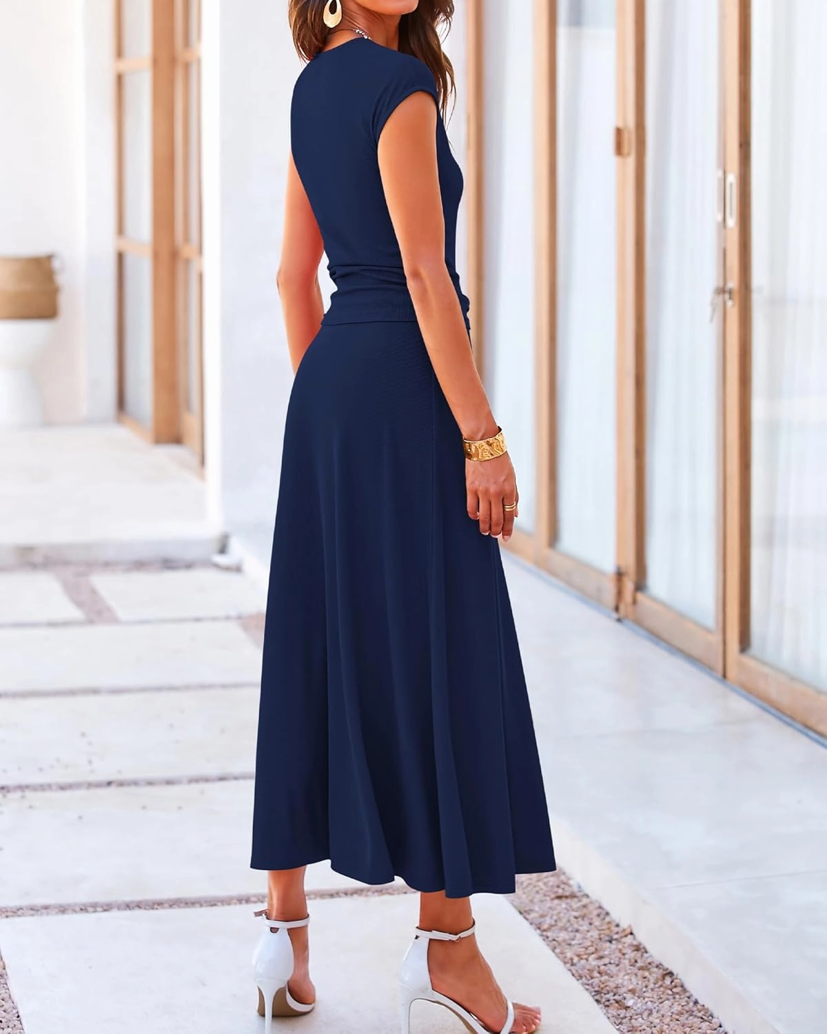 BTFBM Women Two Piece Skirt Set Summer 2025 Casual Vacation Crew Neck Short Sleeve Cropped Top Elastic Waist Midi Skirts