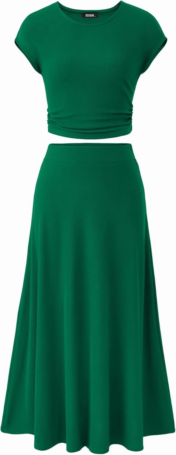 BTFBM Women Two Piece Skirt Set Summer 2025 Casual Vacation Crew Neck Short Sleeve Cropped Top Elastic Waist Midi Skirts