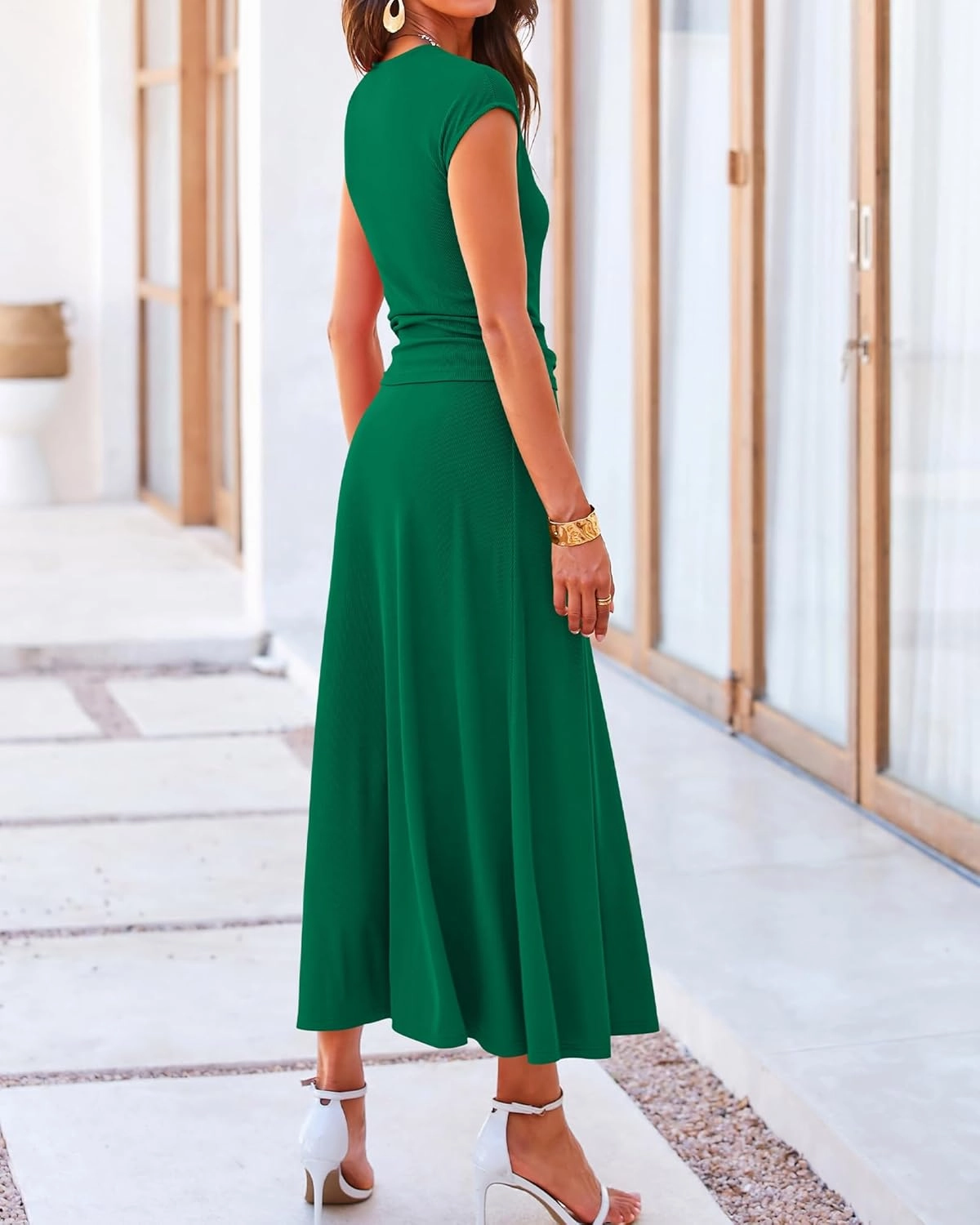 BTFBM Women Two Piece Skirt Set Summer 2025 Casual Vacation Crew Neck Short Sleeve Cropped Top Elastic Waist Midi Skirts