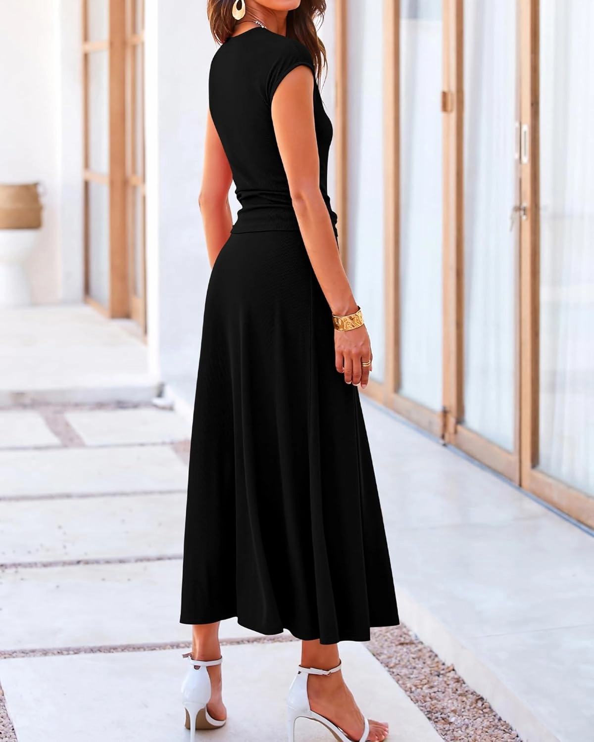 BTFBM Women Two Piece Skirt Set Summer 2025 Casual Vacation Crew Neck Short Sleeve Cropped Top Elastic Waist Midi Skirts