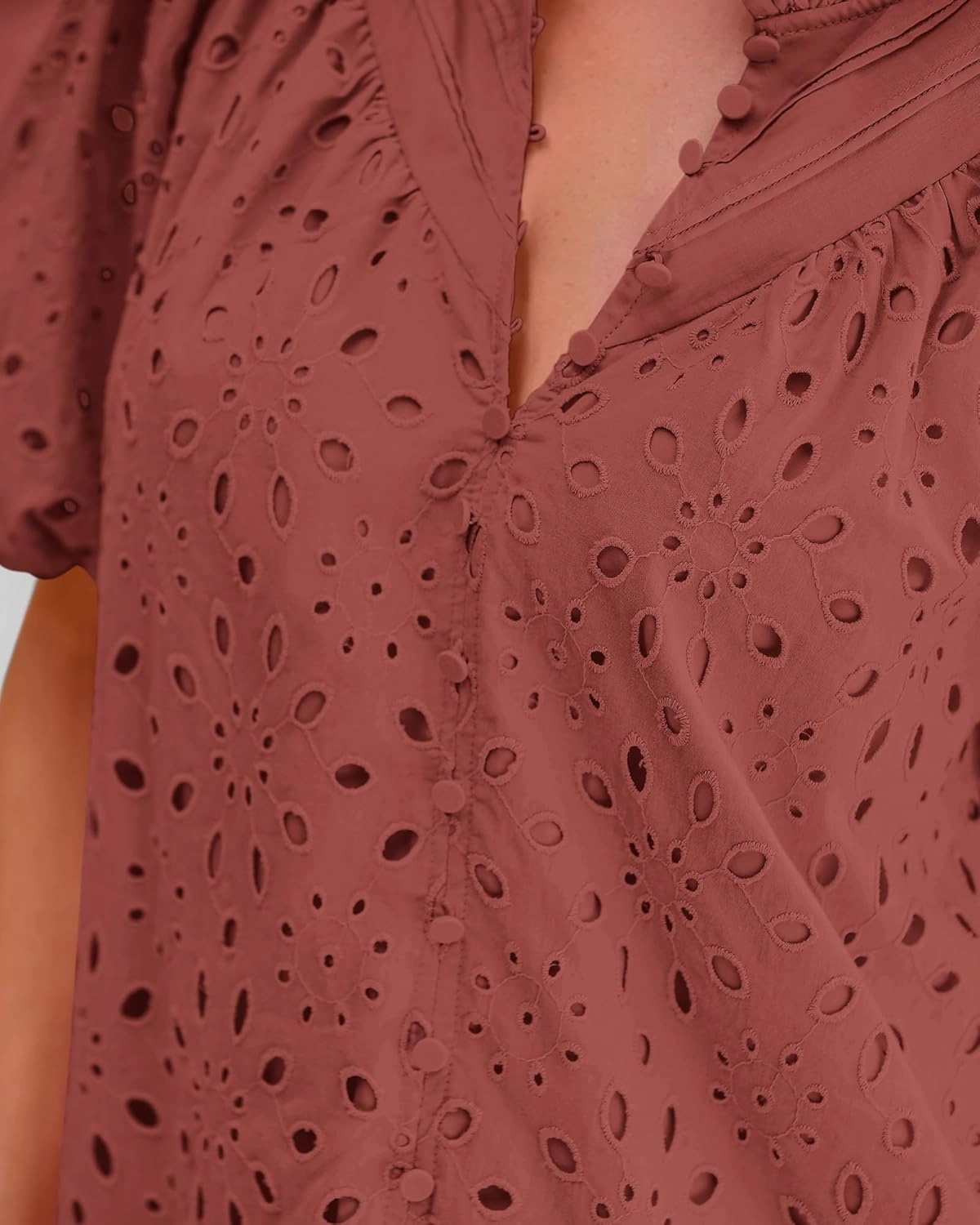 BTFBM Womens Casual Summer Blouse 2025 Hollow Out Eyelet Embroidery Tops V Neck Buttons Puff Short Sleeve Boho Shirts