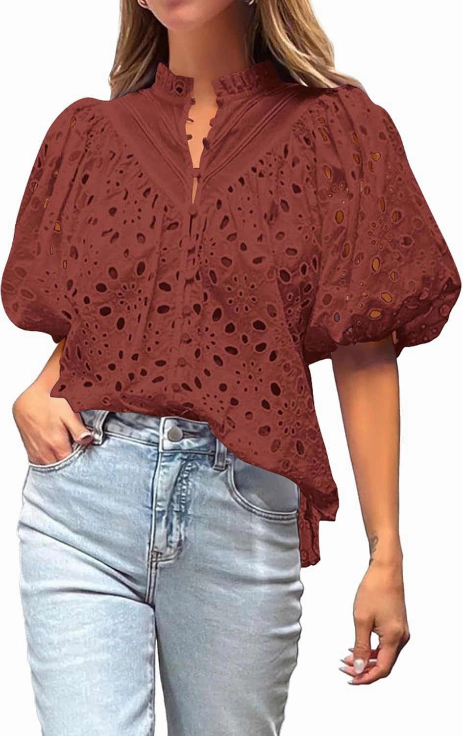 BTFBM Womens Casual Summer Blouse 2025 Hollow Out Eyelet Embroidery Tops V Neck Buttons Puff Short Sleeve Boho Shirts