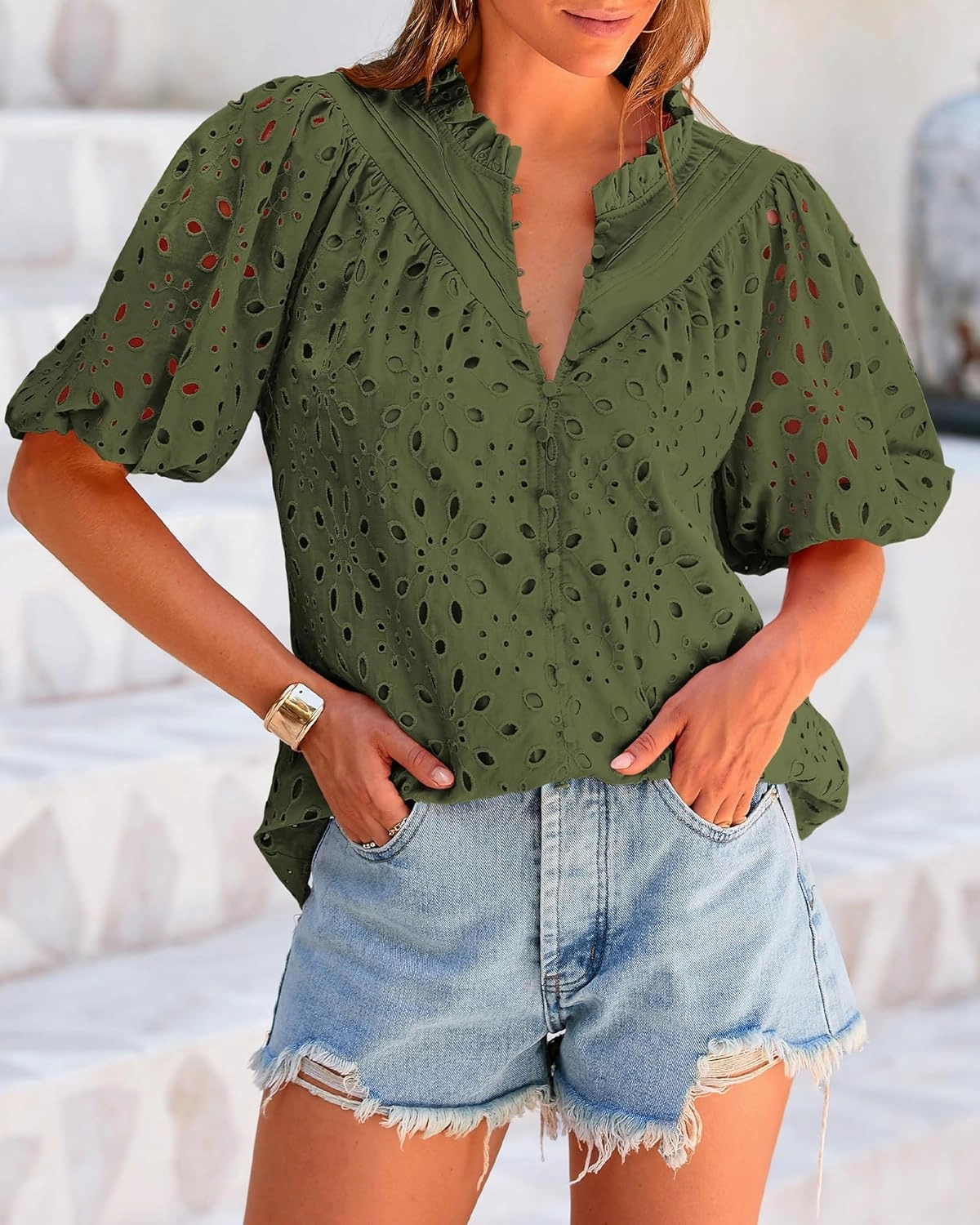 BTFBM Womens Casual Summer Blouse 2025 Hollow Out Eyelet Embroidery Tops V Neck Buttons Puff Short Sleeve Boho Shirts