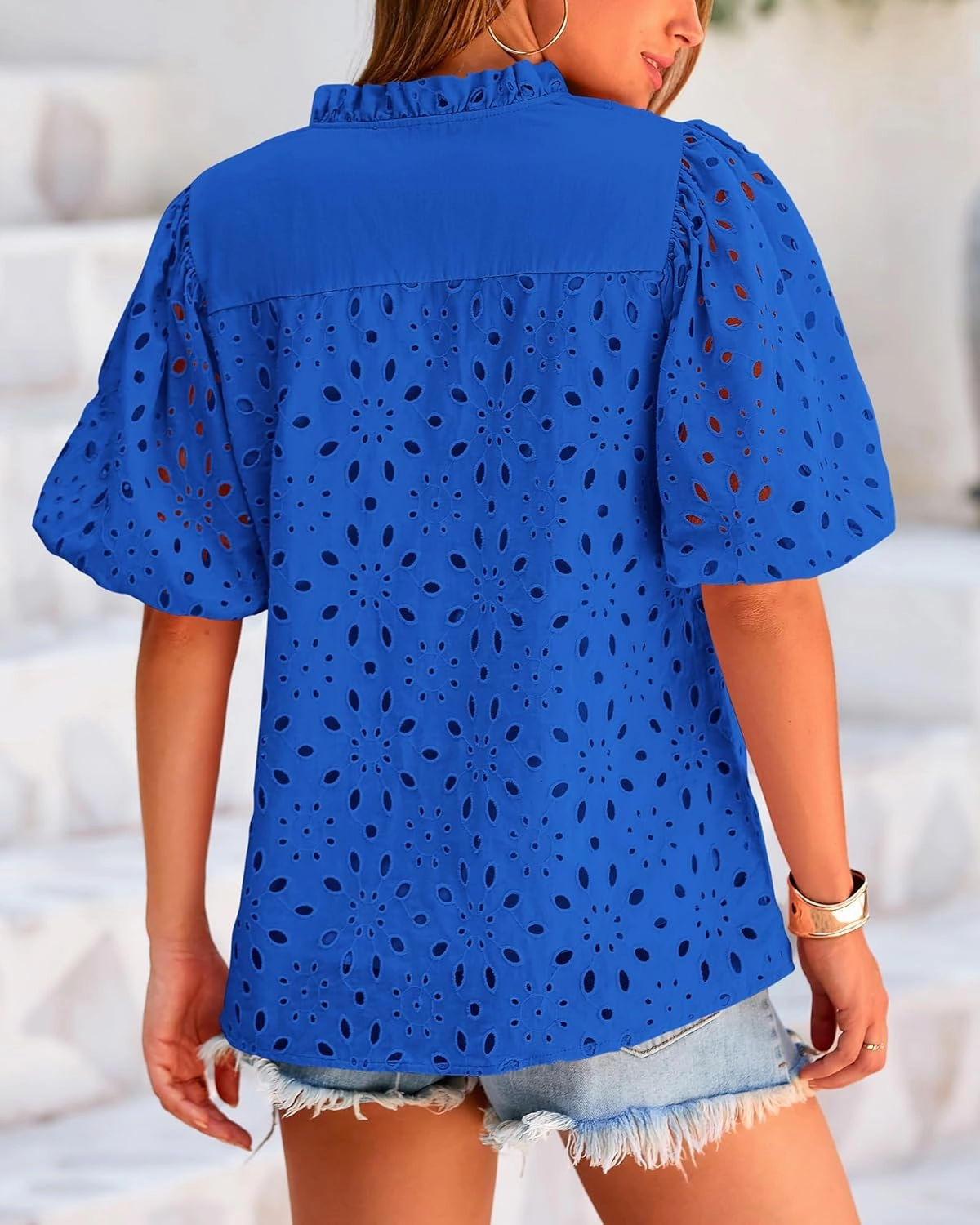 BTFBM Womens Casual Summer Blouse 2025 Hollow Out Eyelet Embroidery Tops V Neck Buttons Puff Short Sleeve Boho Shirts
