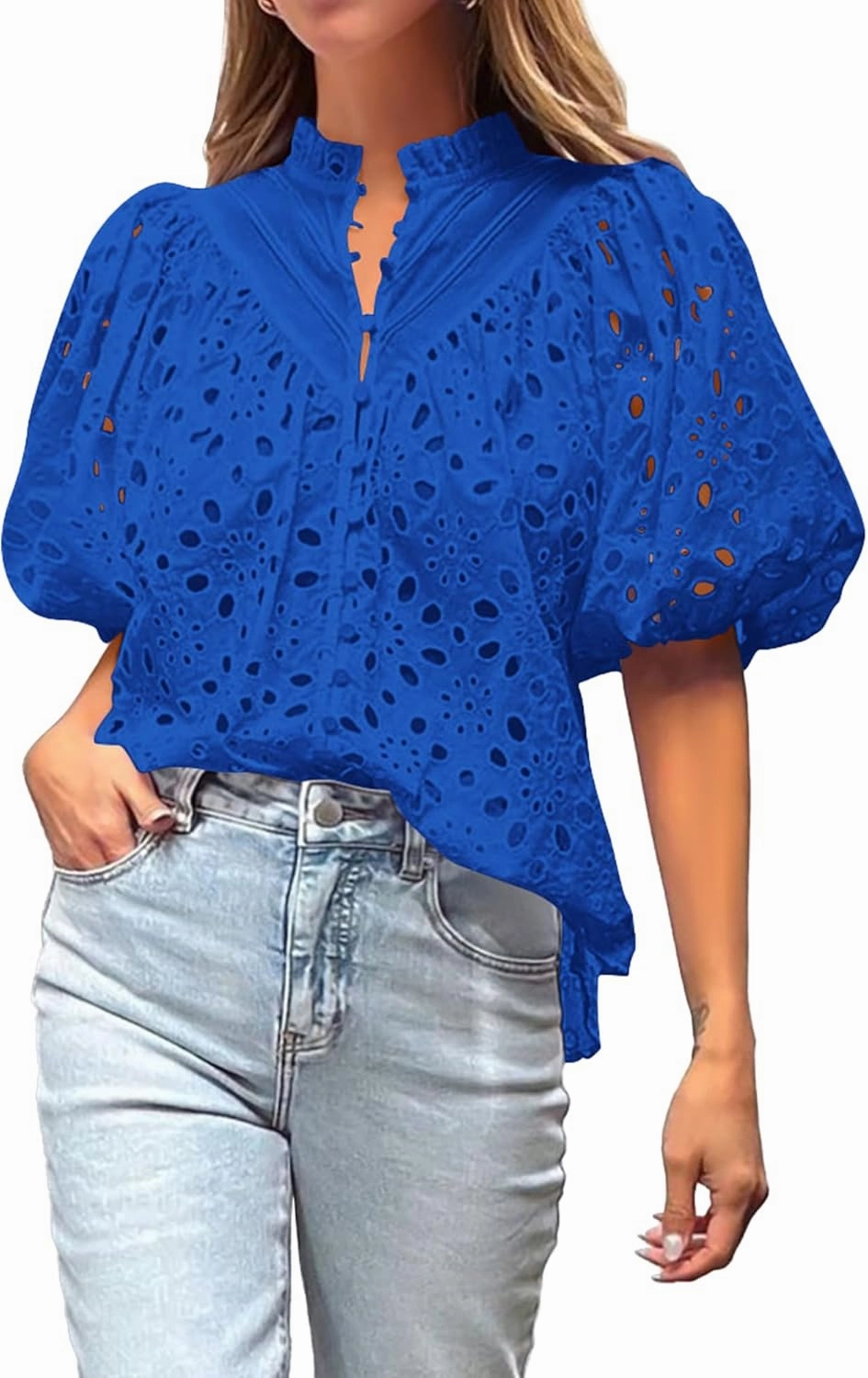 BTFBM Womens Casual Summer Blouse 2025 Hollow Out Eyelet Embroidery Tops V Neck Buttons Puff Short Sleeve Boho Shirts