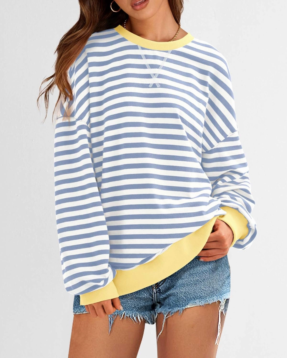 BTFBM Womens Striped Pullover Tops Spring Fall Clothes 2025 Long Sleeve Shirts Trendy Crew Neck Loose Y2K Sweatshirts