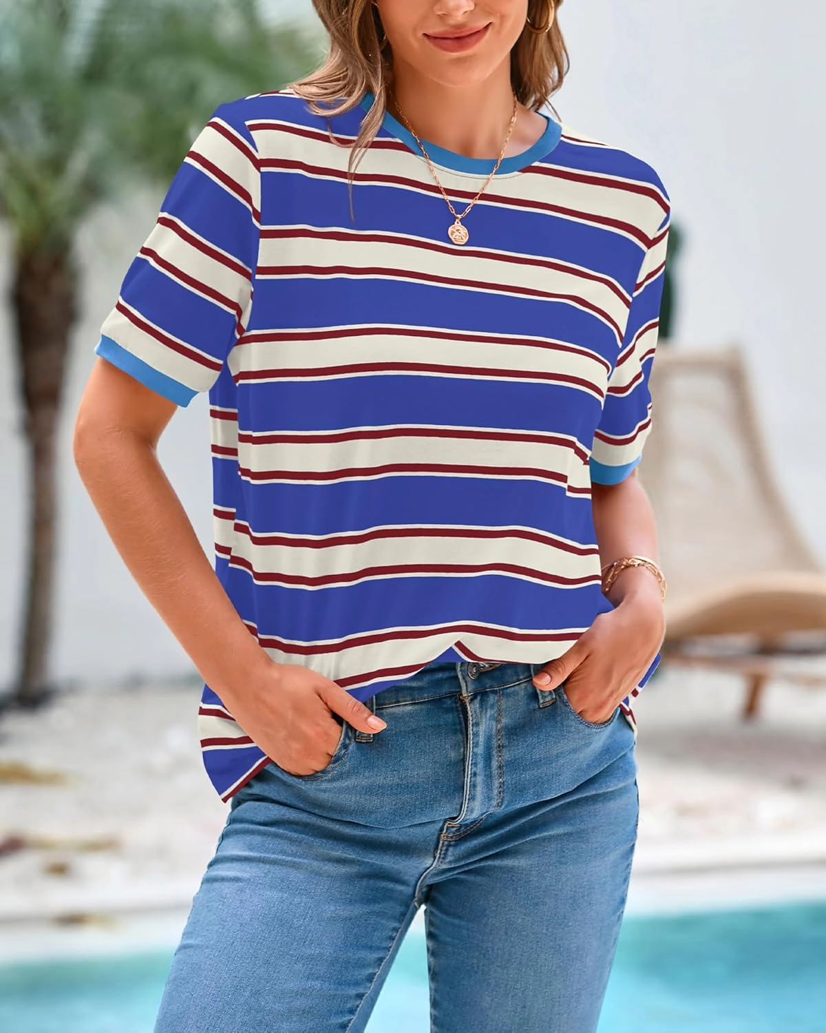 BTFBM Womens Summer Tops 2025 Crewneck Short Sleeve Striped T Shirts Casual Loose Lightweight Color Block Basic Tee