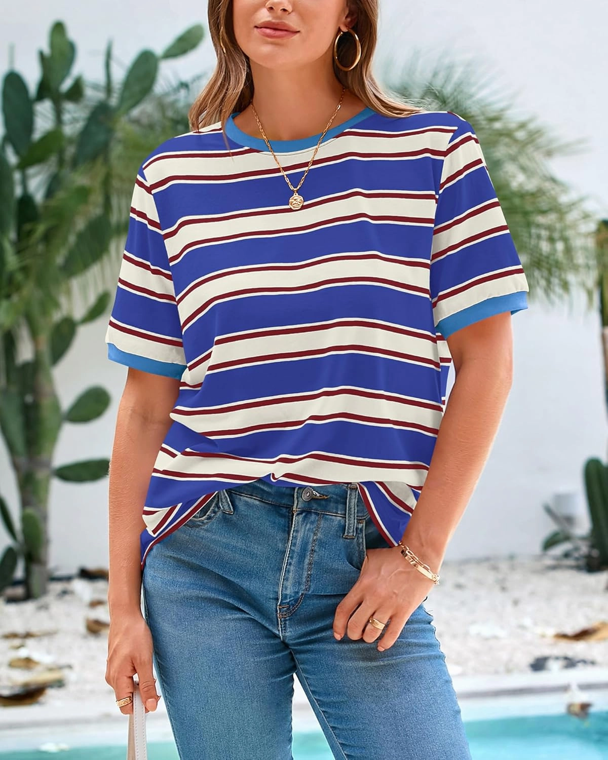 BTFBM Womens Summer Tops 2025 Crewneck Short Sleeve Striped T Shirts Casual Loose Lightweight Color Block Basic Tee