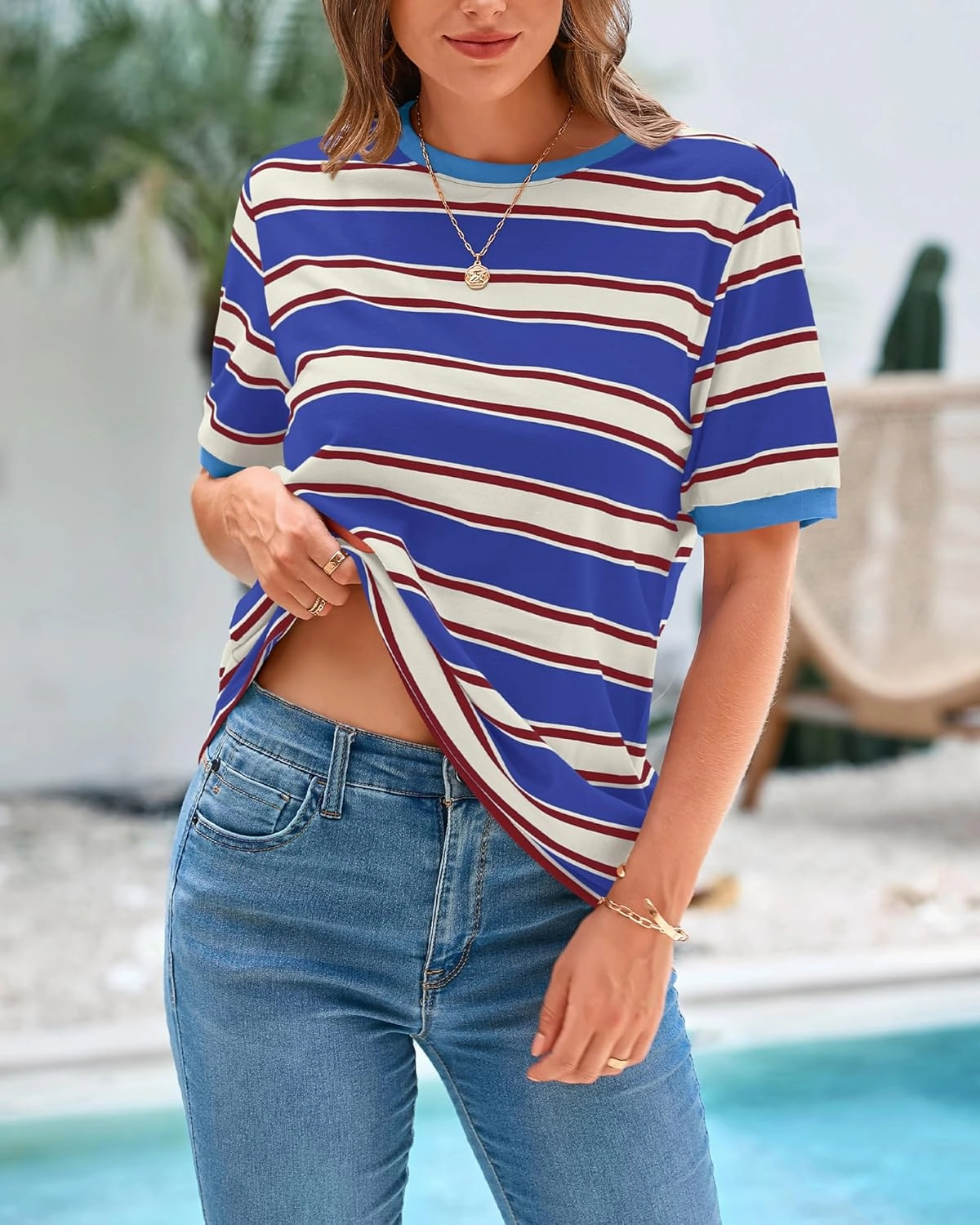 BTFBM Womens Summer Tops 2025 Crewneck Short Sleeve Striped T Shirts Casual Loose Lightweight Color Block Basic Tee