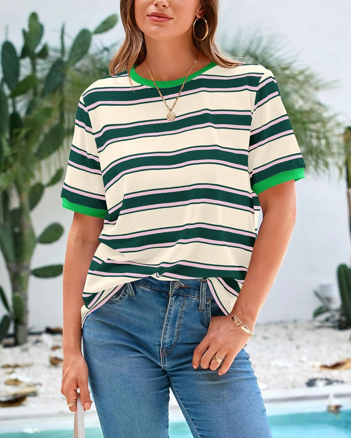 BTFBM Womens Summer Tops 2025 Crewneck Short Sleeve Striped T Shirts Casual Loose Lightweight Color Block Basic Tee