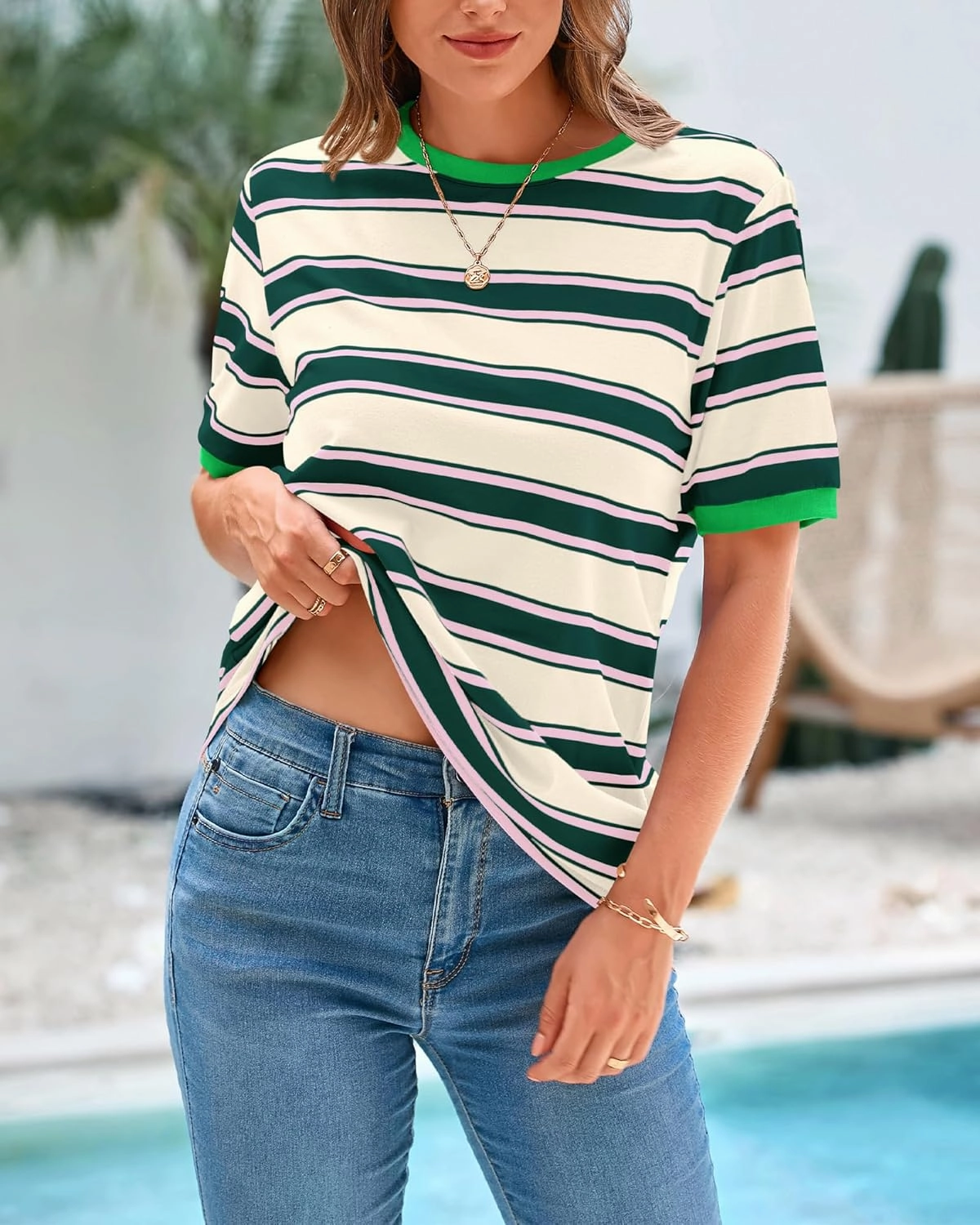 BTFBM Womens Summer Tops 2025 Crewneck Short Sleeve Striped T Shirts Casual Loose Lightweight Color Block Basic Tee