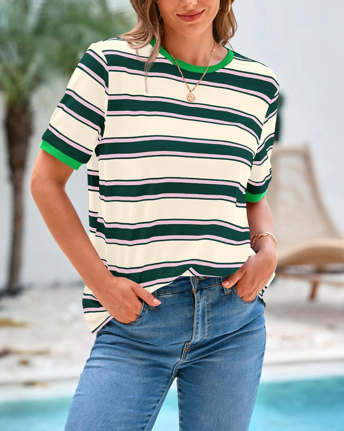 BTFBM Womens Summer Tops 2025 Crewneck Short Sleeve Striped T Shirts Casual Loose Lightweight Color Block Basic Tee