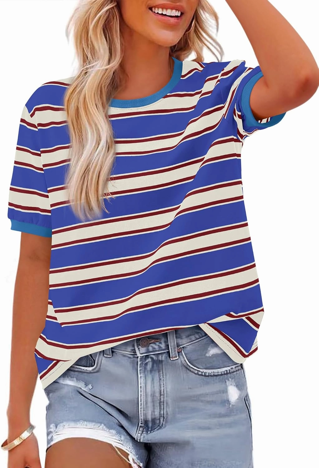 BTFBM Womens Summer Tops 2025 Crewneck Short Sleeve Striped T Shirts Casual Loose Lightweight Color Block Basic Tee