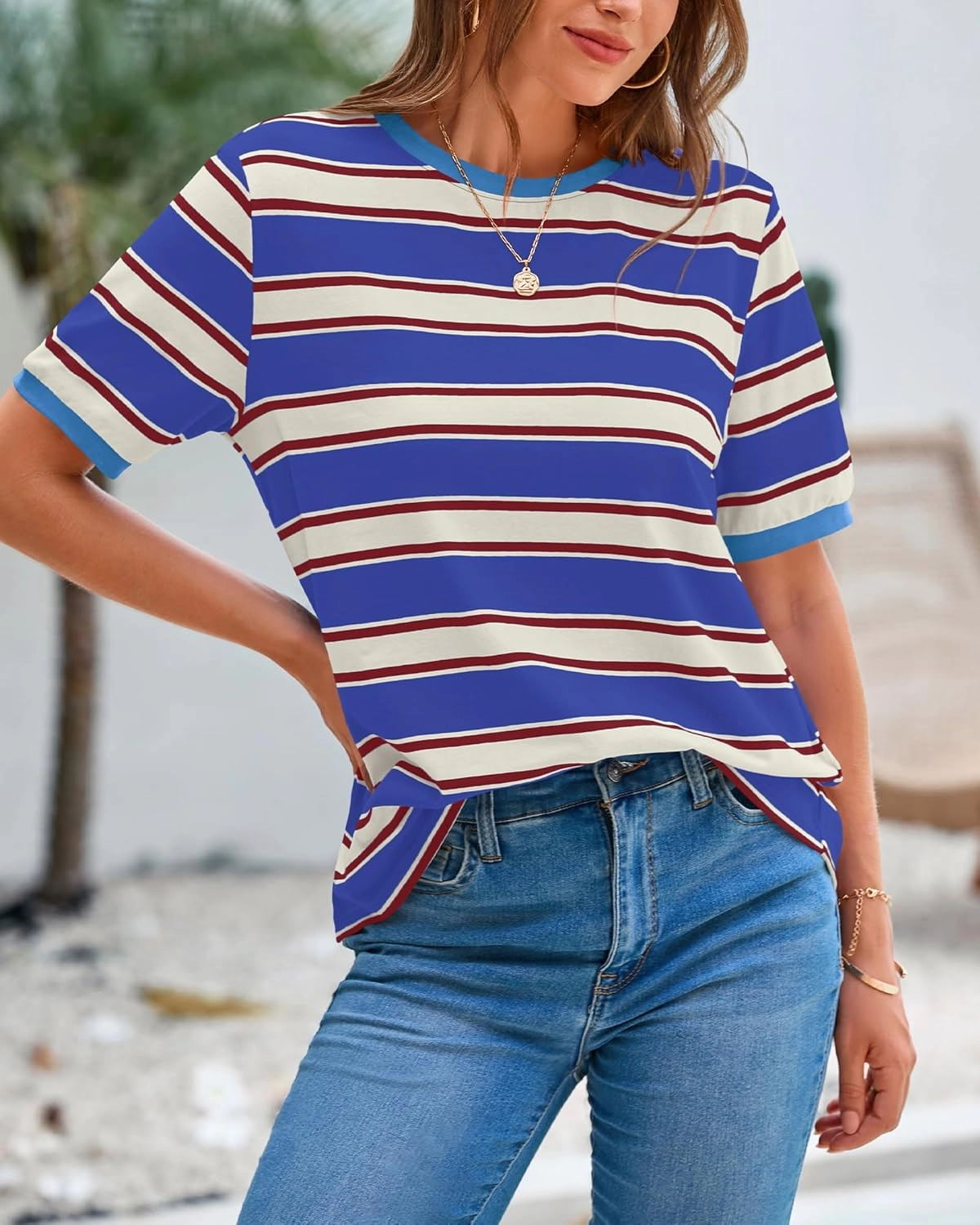 BTFBM Womens Summer Tops 2025 Crewneck Short Sleeve Striped T Shirts Casual Loose Lightweight Color Block Basic Tee