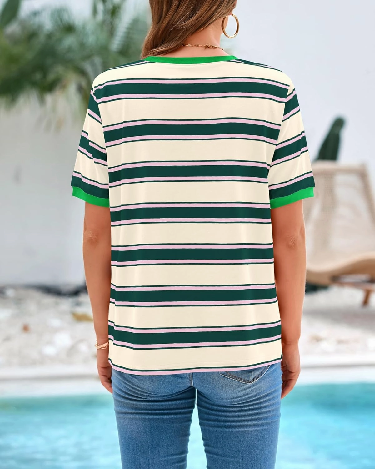 BTFBM Womens Summer Tops 2025 Crewneck Short Sleeve Striped T Shirts Casual Loose Lightweight Color Block Basic Tee
