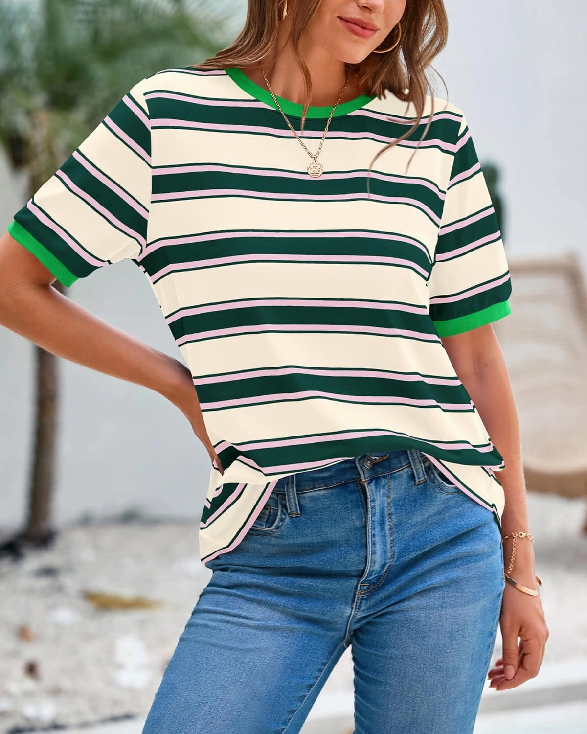 BTFBM Womens Summer Tops 2025 Crewneck Short Sleeve Striped T Shirts Casual Loose Lightweight Color Block Basic Tee