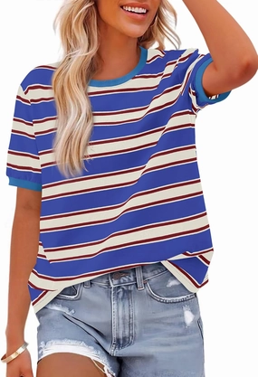 BTFBM Womens Summer Tops 2025 Crewneck Short Sleeve Striped T Shirts Casual Loose Lightweight Color Block Basic Tee