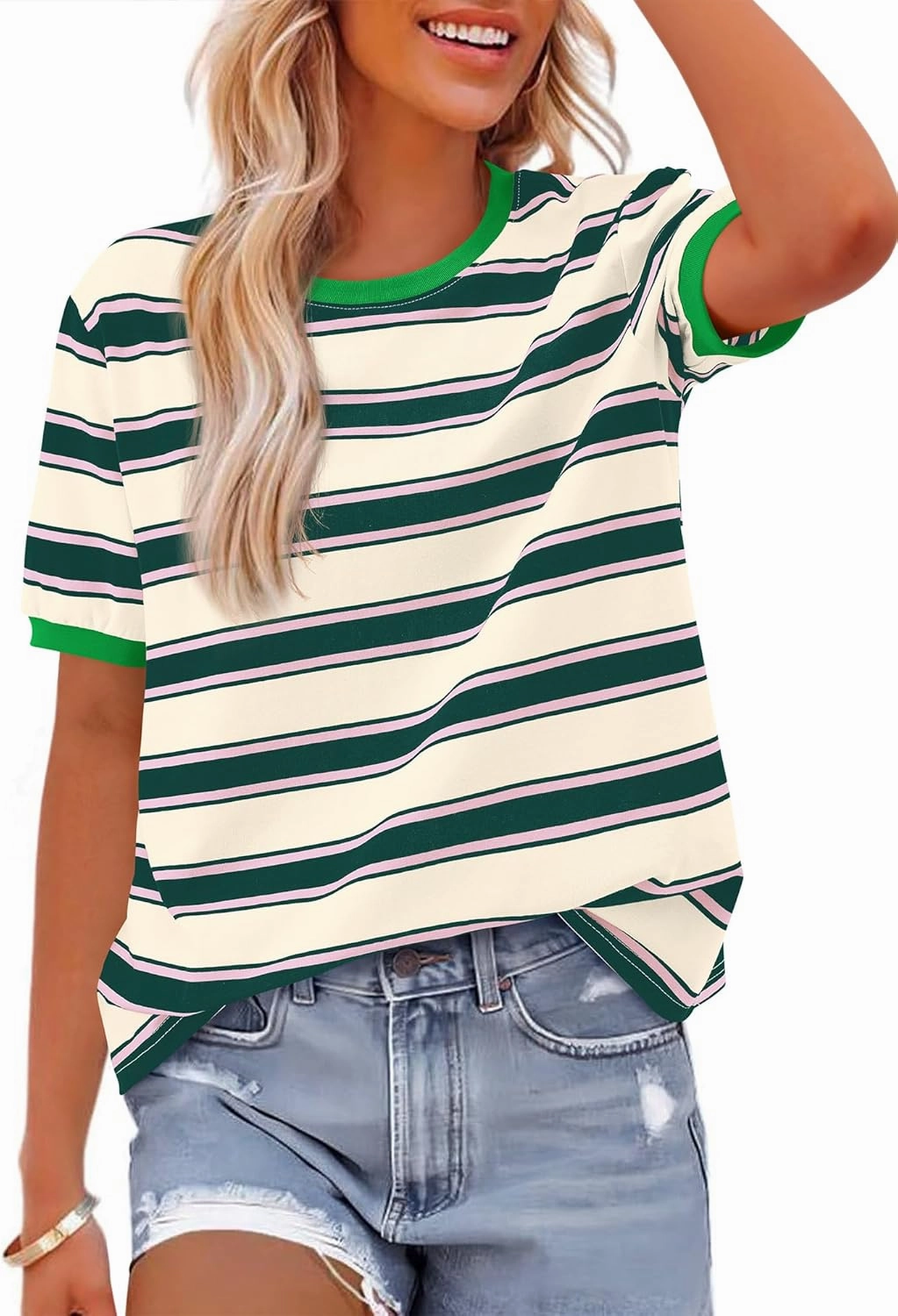 BTFBM Womens Summer Tops 2025 Crewneck Short Sleeve Striped T Shirts Casual Loose Lightweight Color Block Basic Tee