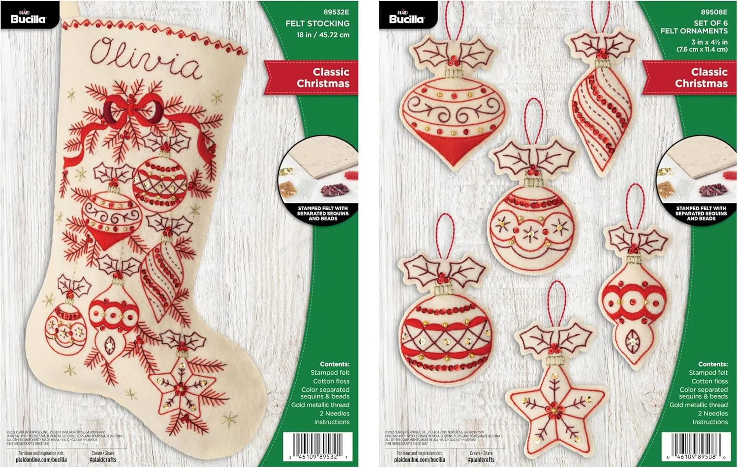 Bucilla Classic Christmas Holiday Bundle, All-in-One Kit Including an 18" Felt Applique Stocking and 6 Ornaments, AMZCC24