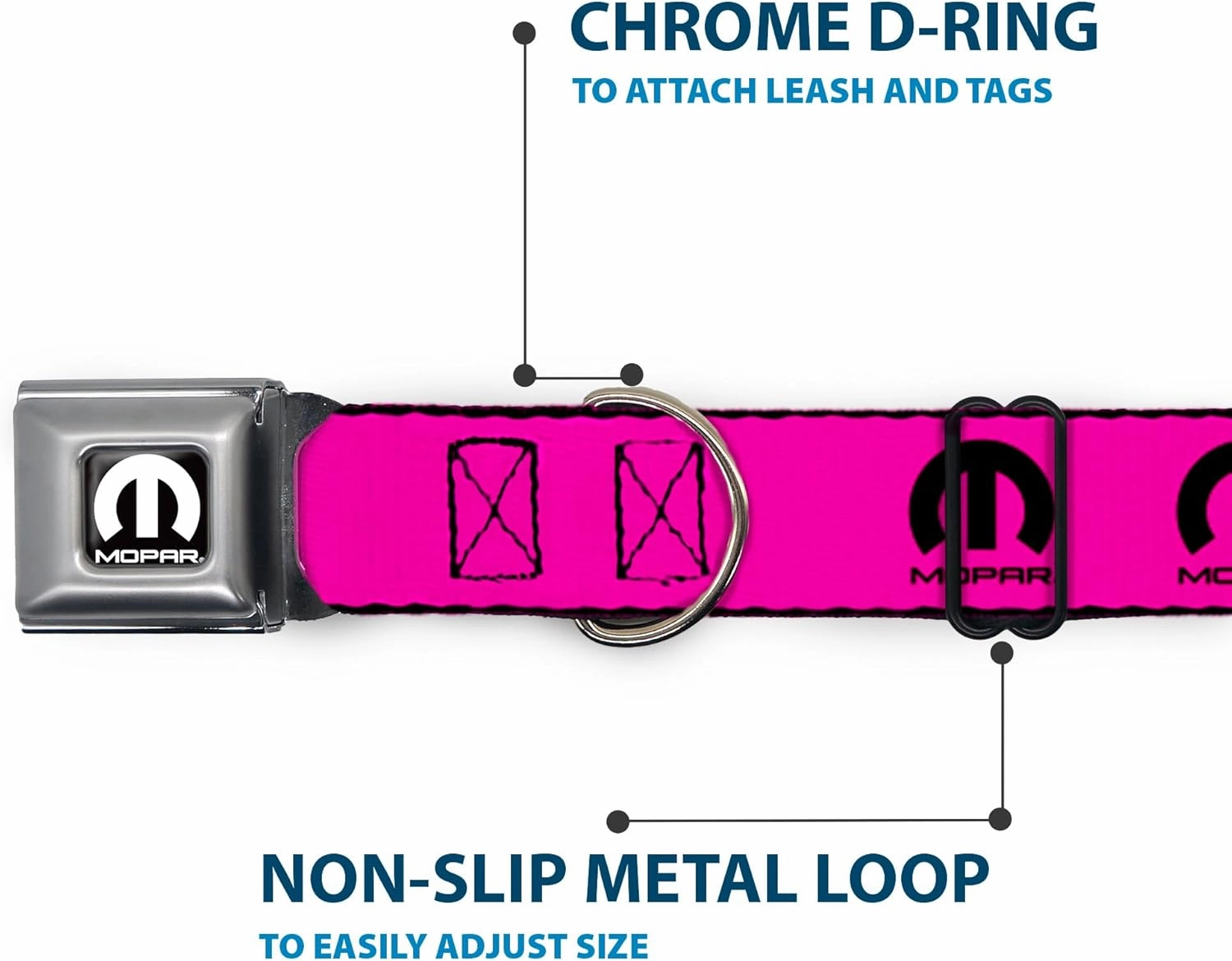 Buckle-Down Dog Collar Seatbelt Buckle Mopar Logo Repeat Hot Pink Black, Multicolor, 1.5"" Wide - fits 16-23"" Neck - Medium (DC-WMP013-WM)