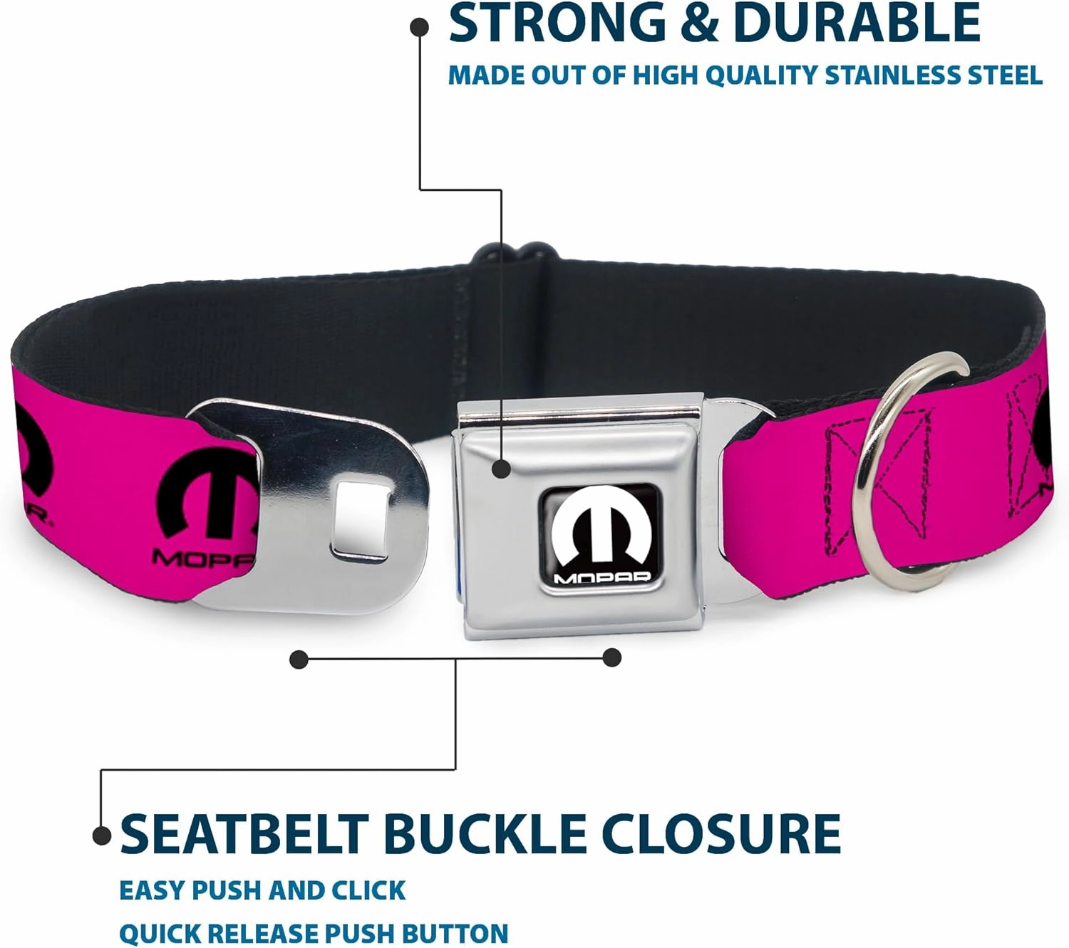 Buckle-Down Dog Collar Seatbelt Buckle Mopar Logo Repeat Hot Pink Black, Multicolor, 1.5"" Wide - fits 16-23"" Neck - Medium (DC-WMP013-WM)