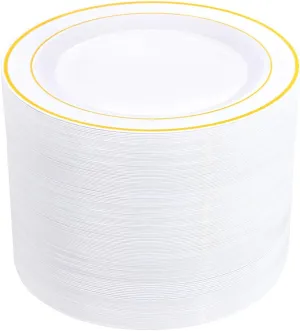 bUCLA 100Pieces Gold Plastic Dinner Plates - 10.25inch Gold Plates Disposable for Party - White and Gold Plastic Plates - Ideal for Weddings&Parties