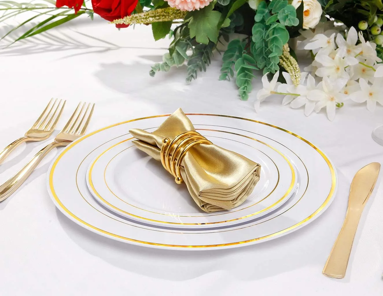 bUCLA 100Pieces Gold Plastic Dinner Plates - 10.25inch Gold Plates Disposable for Party - White and Gold Plastic Plates - Ideal for Weddings&Parties