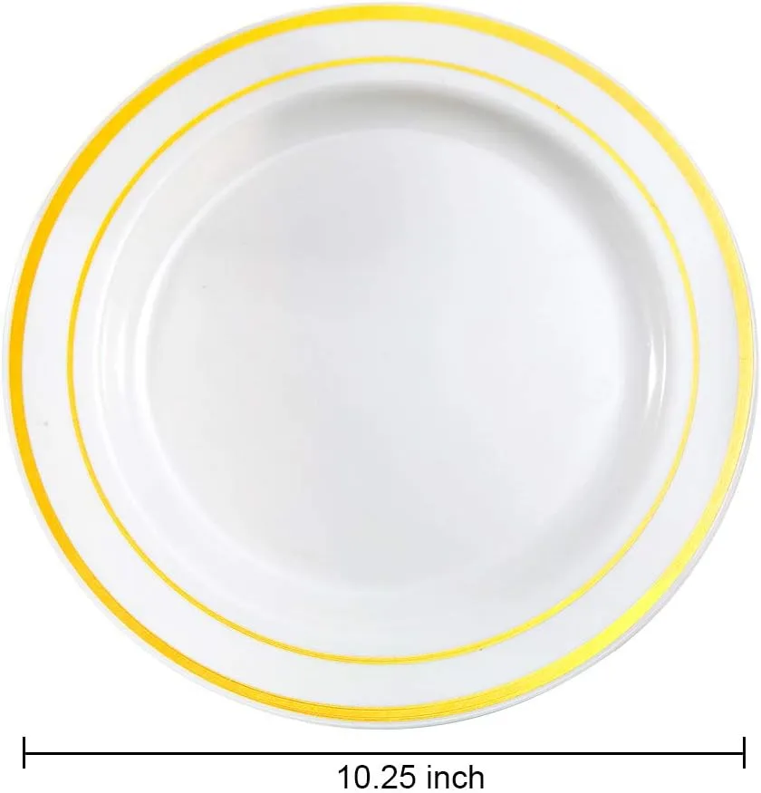 bUCLA 100Pieces Gold Plastic Dinner Plates - 10.25inch Gold Plates Disposable for Party - White and Gold Plastic Plates - Ideal for Weddings&Parties