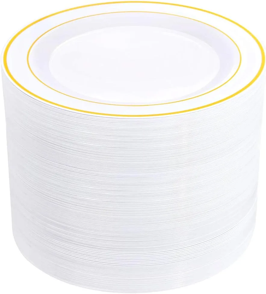 bUCLA 100Pieces Gold Plastic Dinner Plates - 10.25inch Gold Plates Disposable for Party - White and Gold Plastic Plates - Ideal for Weddings&Parties