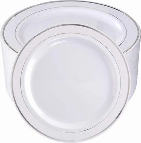 bUCLA 100Pieces Silver Plastic Plates - 10.25inch Silver Rim Disposable Dinner Plates - Ideal for Weddings, Parties&Christmas