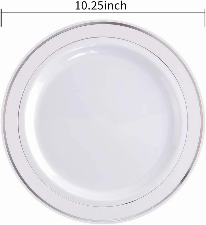 bUCLA 100Pieces Silver Plastic Plates - 10.25inch Silver Rim Disposable Dinner Plates - Ideal for Weddings, Parties&Christmas