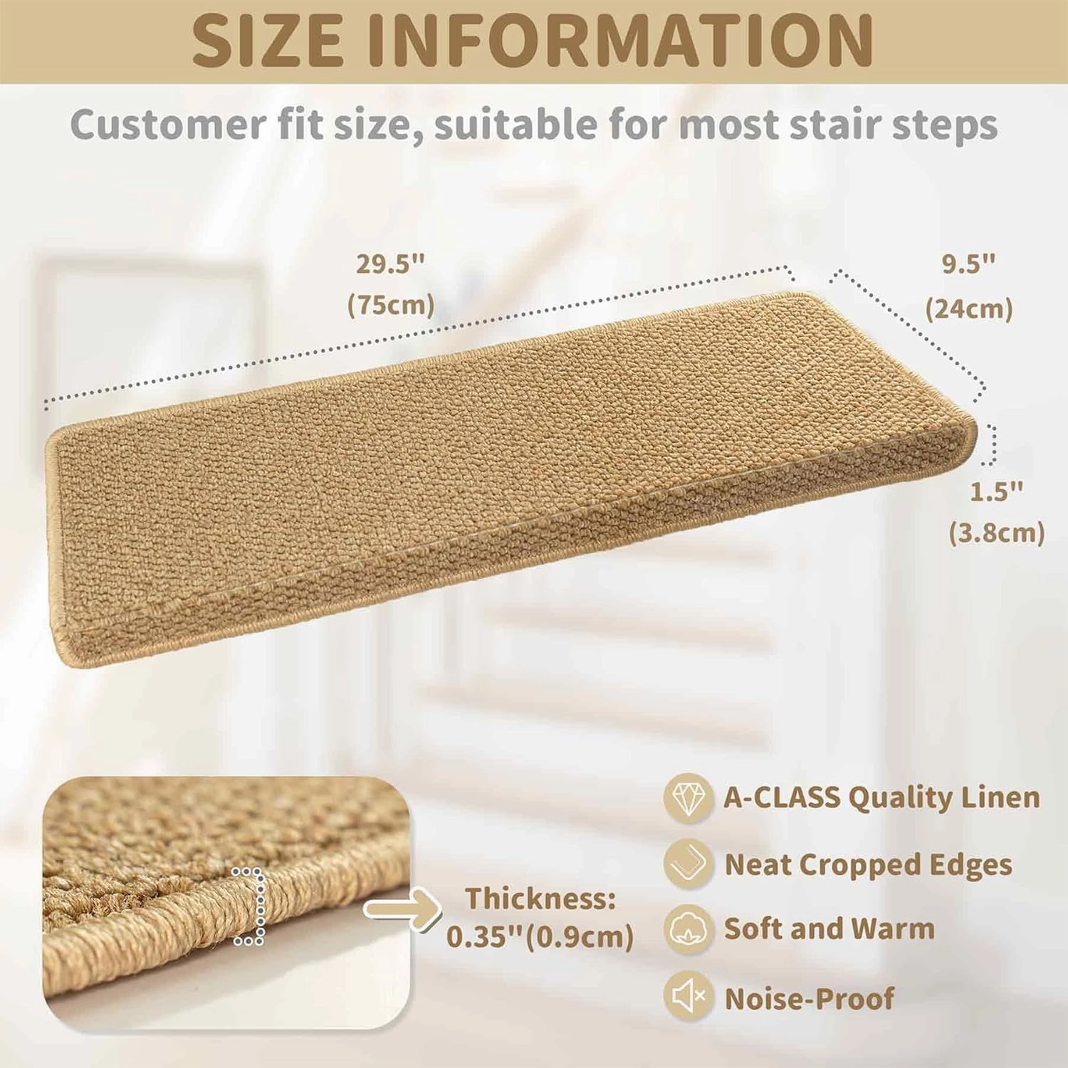 Bullnose Carpet Stair Treads, Non Slip Stair Treads for Wooden Steps Indoor, Stair Runner, Soft Stair Rugs, Edging Stair Protectors, Washable, 29.5"x9.5"x1.5" 2pcs, Beige