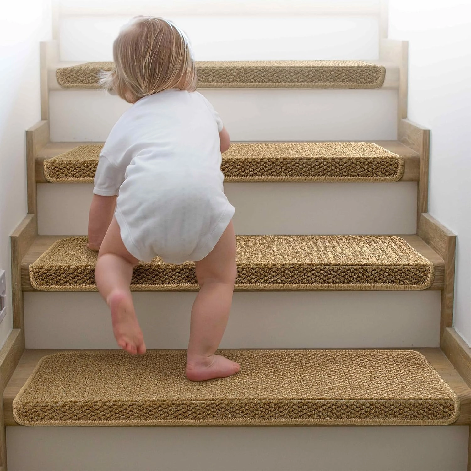 Bullnose Carpet Stair Treads, Non Slip Stair Treads for Wooden Steps Indoor, Stair Runner, Soft Stair Rugs, Edging Stair Protectors, Washable, 29.5"x9.5"x1.5" 2pcs, Beige