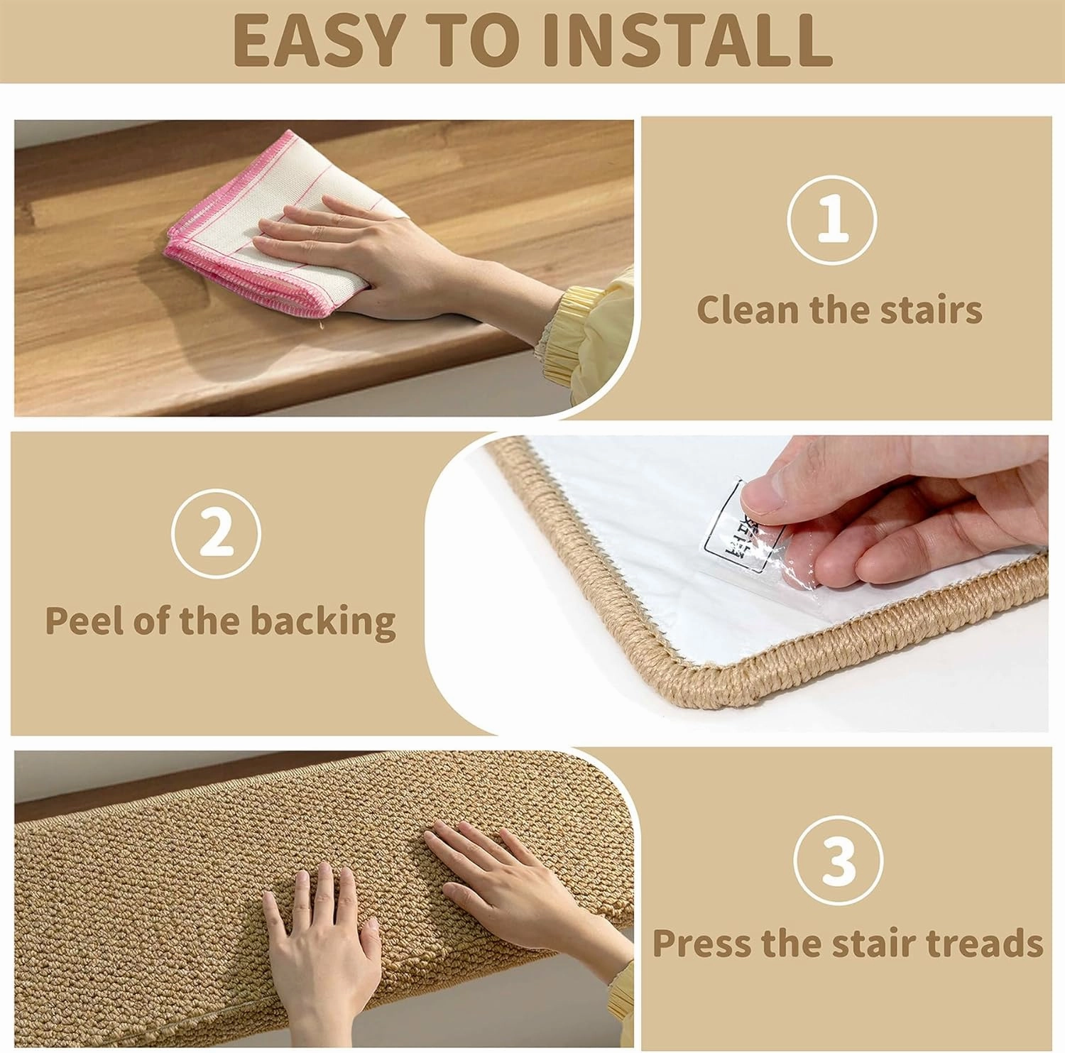 Bullnose Carpet Stair Treads, Non Slip Stair Treads for Wooden Steps Indoor, Stair Runner, Soft Stair Rugs, Edging Stair Protectors, Washable, 29.5"x9.5"x1.5" 2pcs, Beige