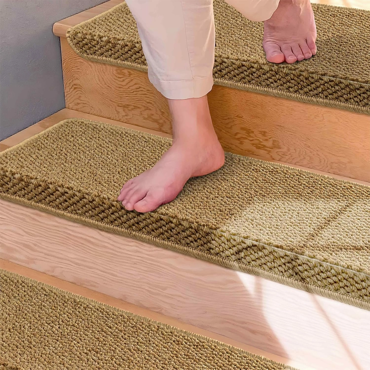 Bullnose Carpet Stair Treads, Non Slip Stair Treads for Wooden Steps Indoor, Stair Runner, Soft Stair Rugs, Edging Stair Protectors, Washable, 29.5"x9.5"x1.5" 2pcs, Beige