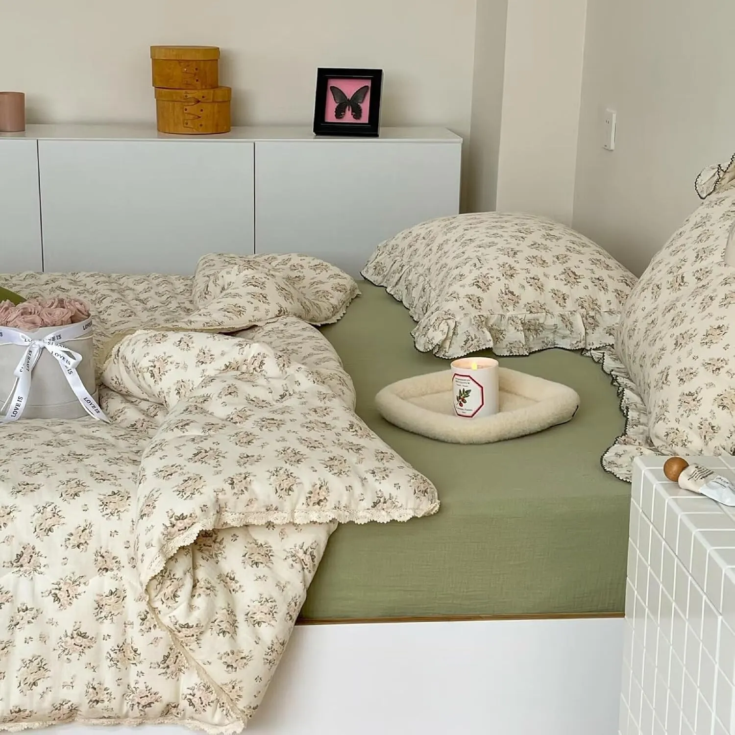 BuLuTu Shabby Chic Toddlers Kids Teens Quilt for Full/Queen Bed Pink Floral Comforter with Lace Edges Boho Reversible Pink Floral Blanket Cotton Muslin Quilts, 79"x90", No Pillowcase