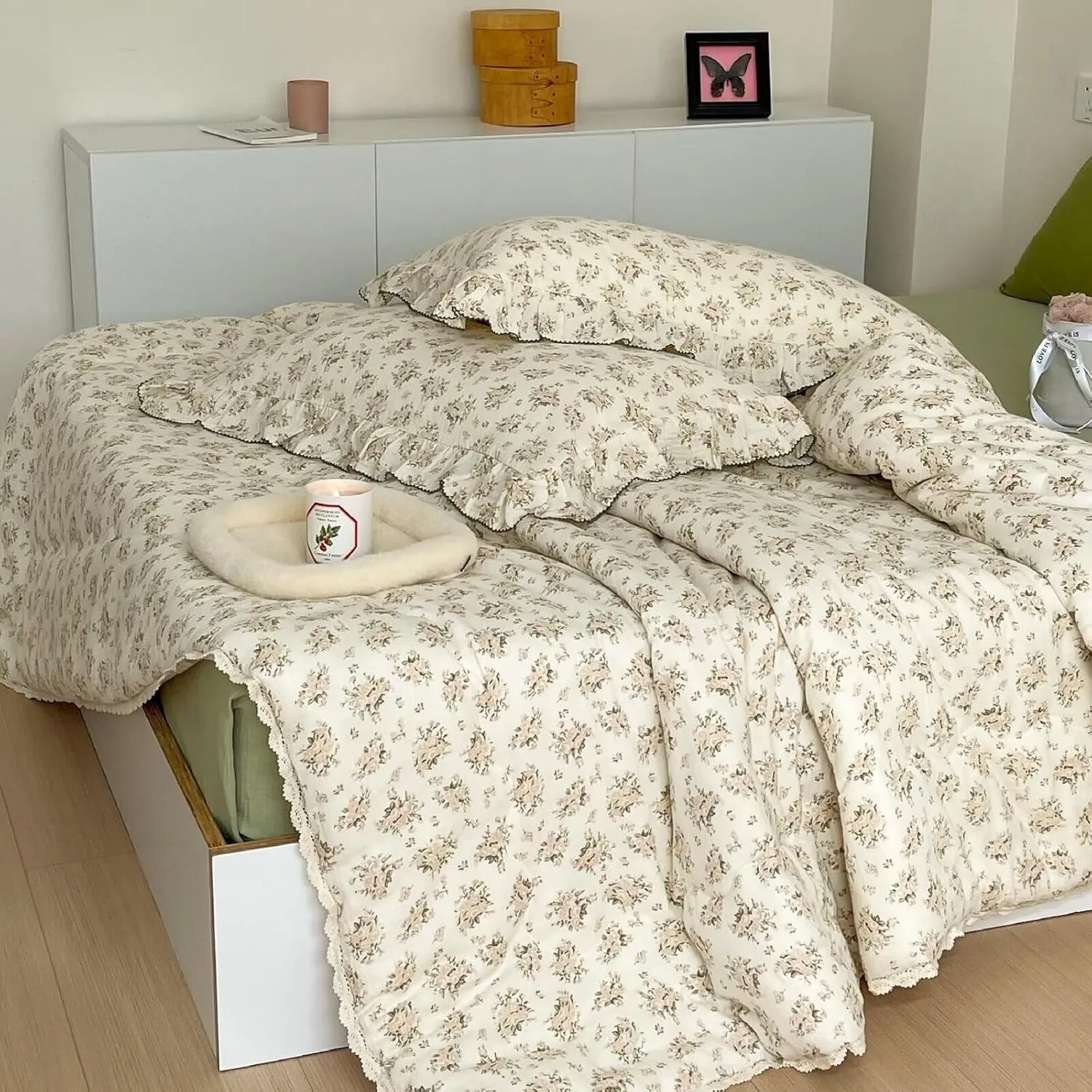 BuLuTu Shabby Chic Toddlers Kids Teens Quilt for Full/Queen Bed Pink Floral Comforter with Lace Edges Boho Reversible Pink Floral Blanket Cotton Muslin Quilts, 79"x90", No Pillowcase