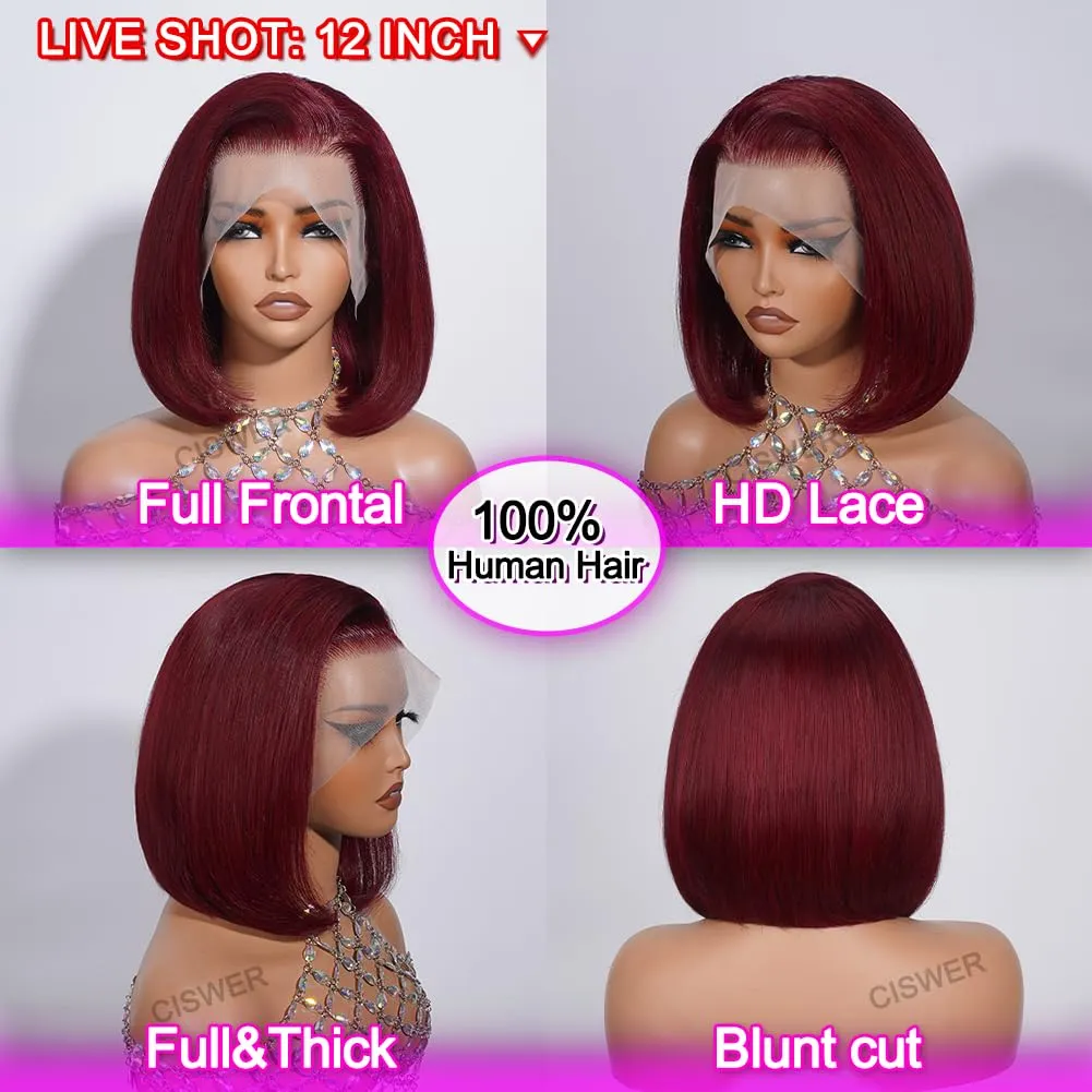 Burgundy 13x4 Lace Front Bob Wig Human Hair Pre Plucked Stairght Red 99J Short Bob for Black Women Short Wig Bob 180 Density 12 Inch