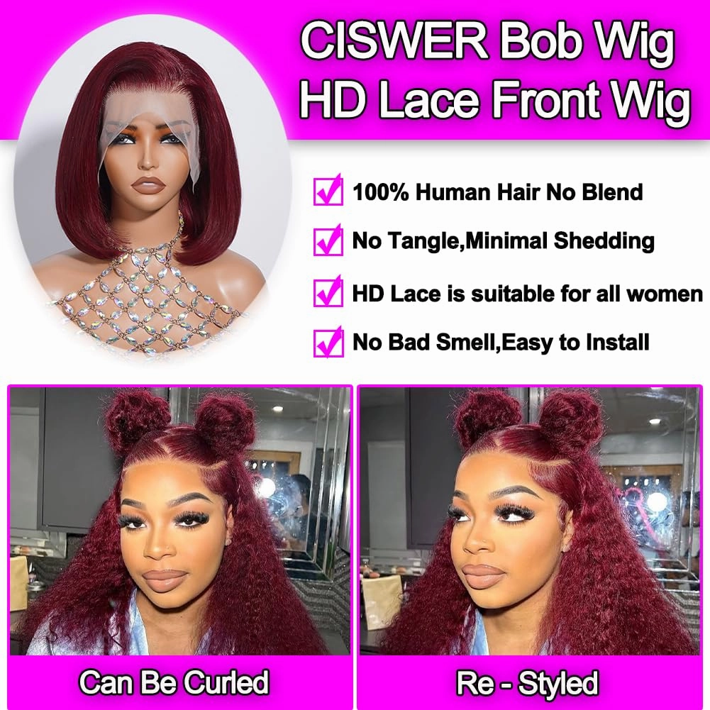 Burgundy Bob Wig Human Hair 13x4 Lace Front Wigs Human Hair Pre Plucked Stairght Red 99J Short Bob for Black Women 180 Density 14 Inch