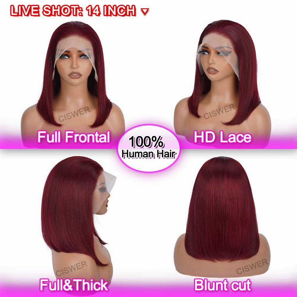 Burgundy Bob Wig Human Hair 13x4 Lace Front Wigs Human Hair Pre Plucked Stairght Red 99J Short Bob for Black Women 180 Density 14 Inch