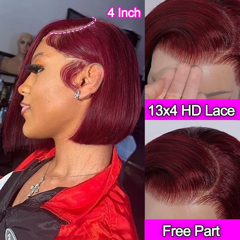 Burgundy Bob Wig Human Hair 13x4 Lace Front Wigs Human Hair Pre Plucked Stairght Red 99J Short Bob for Black Women 180 Density 14 Inch