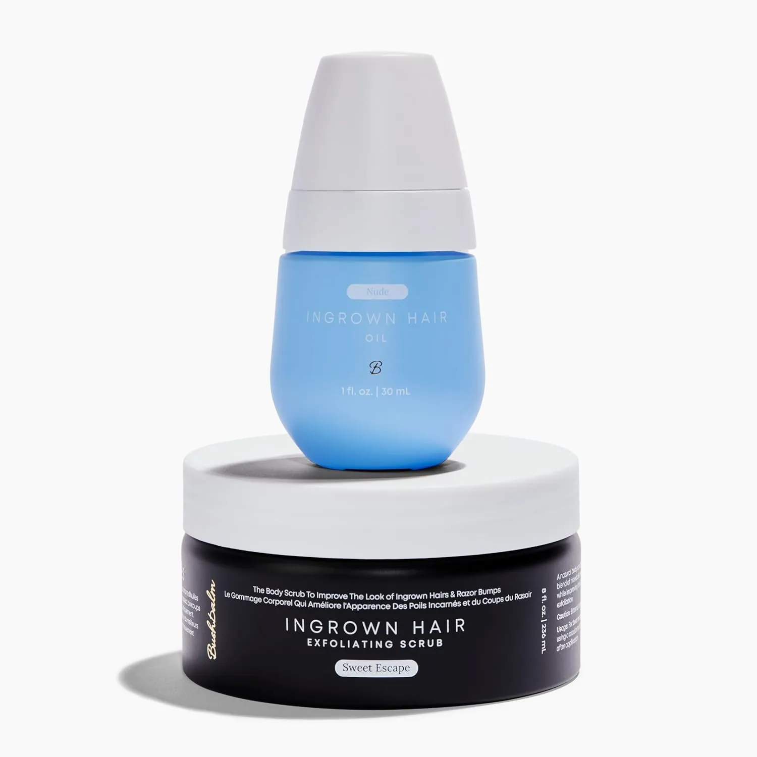 Bushbalm Ingrown Hair and Razor Bumps Minimizer 2-Step Routine - Includes Nude Ingrown Hair Oil (30 ml) and Sweet Escape Exfoliating Scrub (236 ml)
