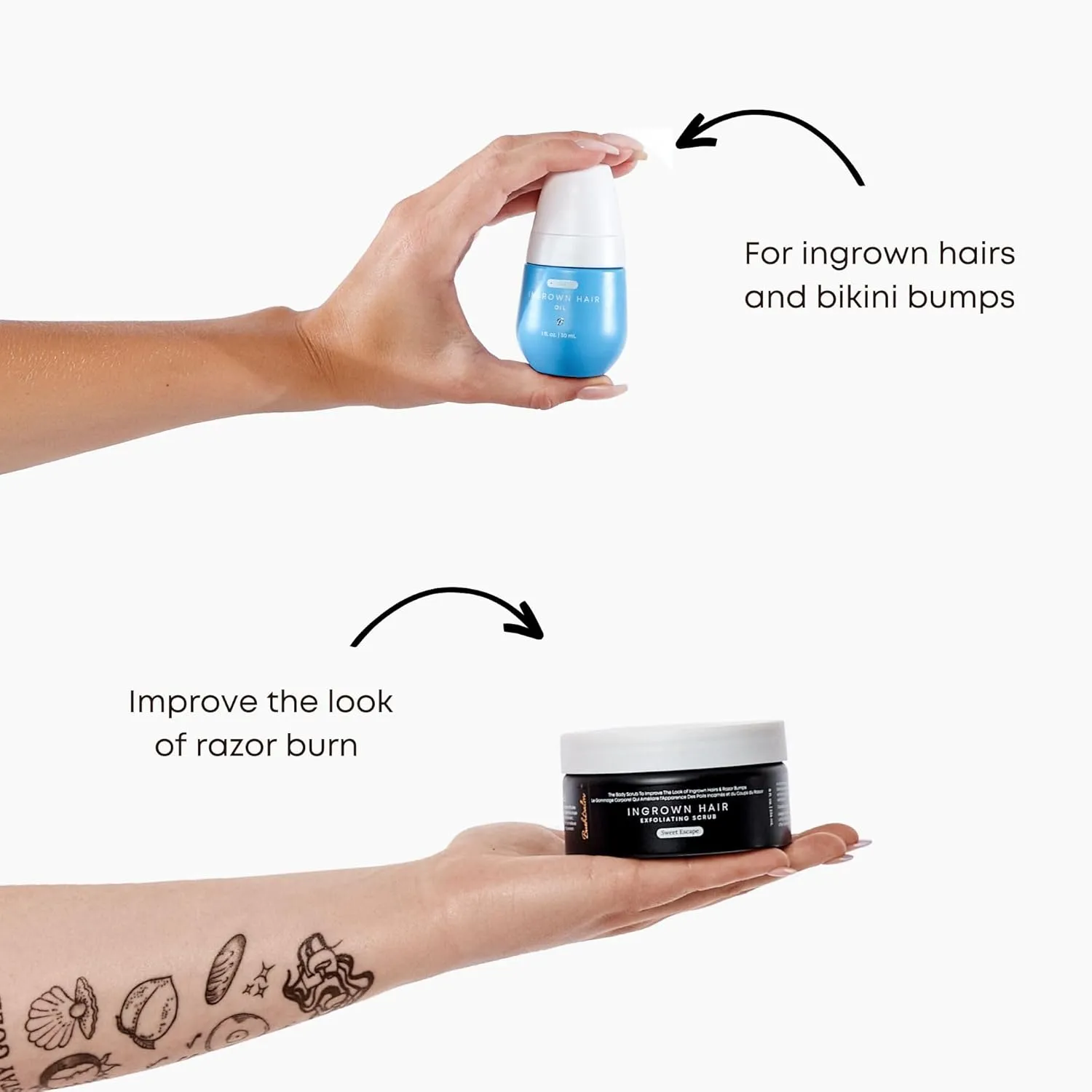 Bushbalm Ingrown Hair and Razor Bumps Minimizer 3-Step Routine - Includes Nude Ingrown Hair Oil (30 ml), Sweet Escape Exfoliating Scrub (236 ml) and Nordic Dry Brush