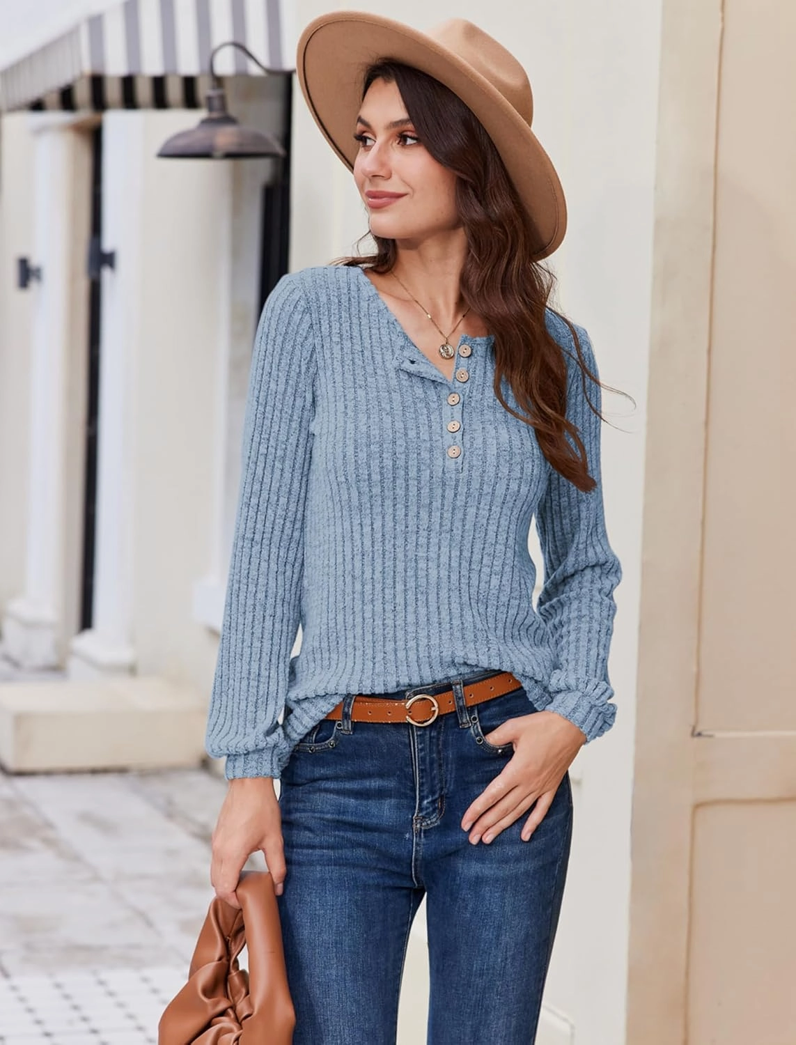 Button Up Sweater for Women Fall Lightweight Knit Pullover Sweaters Long Sleeve Henley Shirts Crewneck Tunic Tops