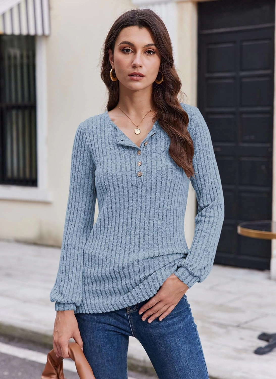 Button Up Sweater for Women Fall Lightweight Knit Pullover Sweaters Long Sleeve Henley Shirts Crewneck Tunic Tops